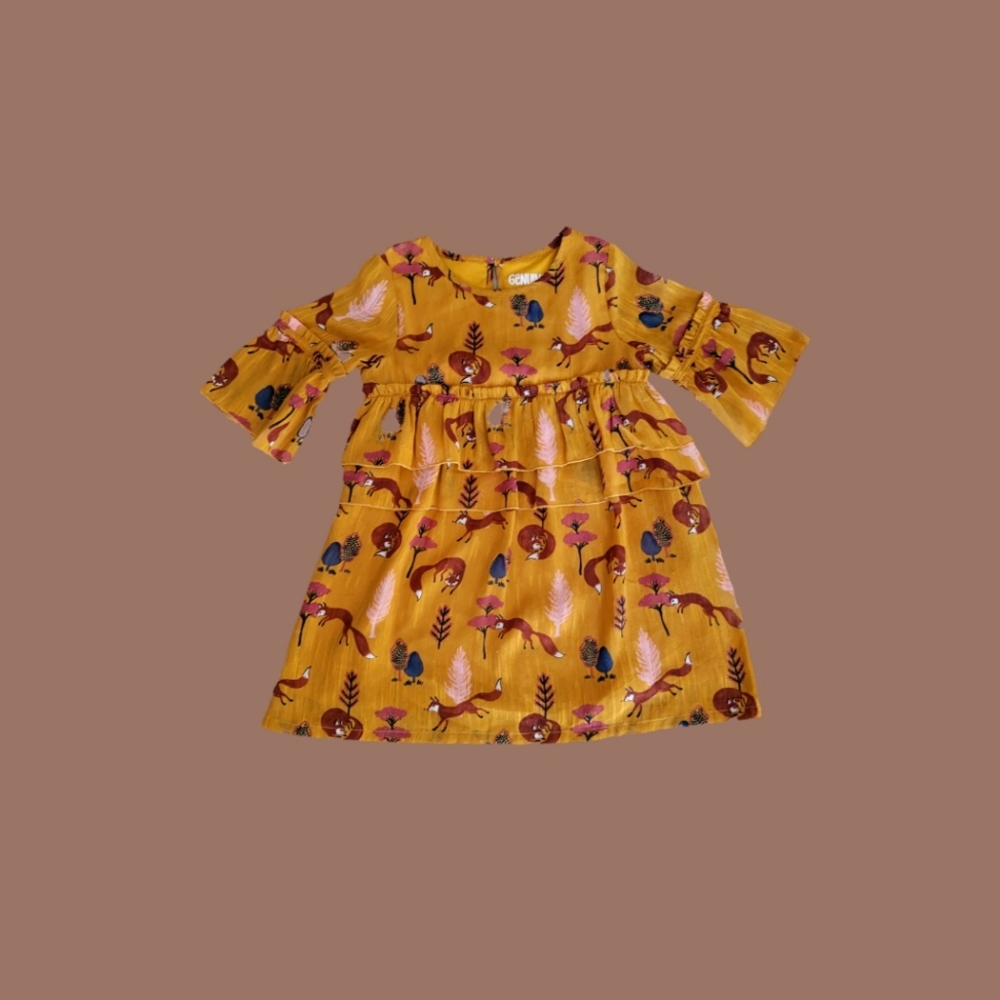 Girls' Genuine Kids Mustard Yellow Ruffle Woodland Fox Print Dress | Tunic 4-6Y